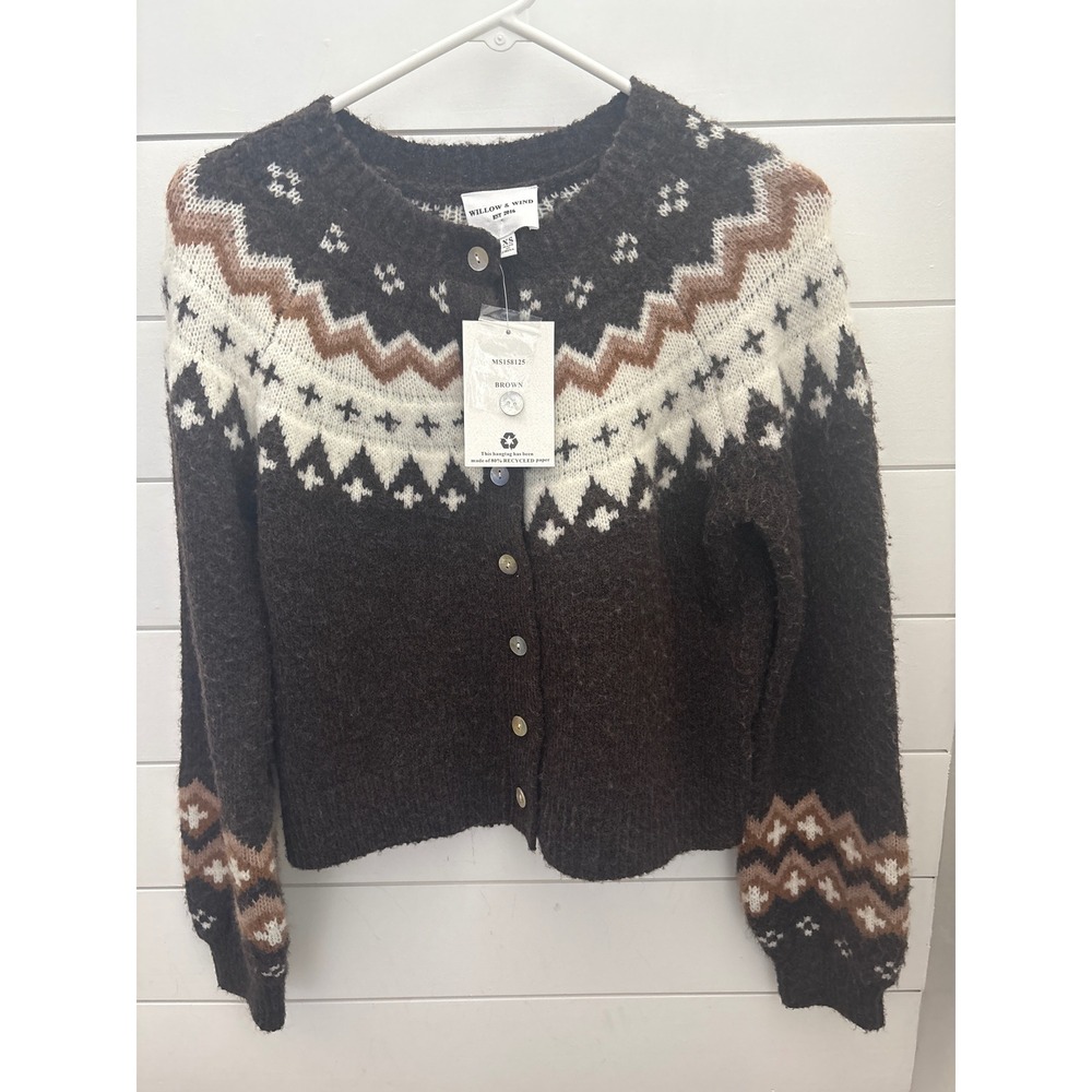 Willow & Wind Brown Fair Isle Cardigan Sweater Womens XS MS158125 Nordic Knit